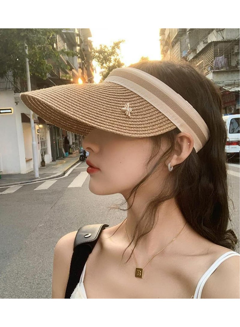 Women Summer Sun Hat Wide Brim Straw Visor Hat UPF 50 UV Protection Empty Top Beach Hat Breathable Outdoor Chapeau Femme for Gardening Travel Vacation - Image 1