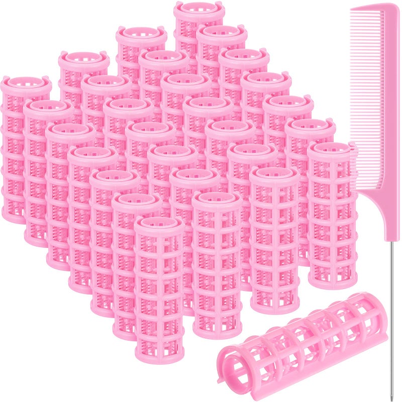 Syhood 28 Pieces Hair Roller 06 Inch 15 cm Small Size Plastic Hair Rollers with Steel Pintail Comb for Short Hair Long Hair Styling Tools Pink