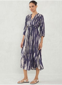 Femmella Tie and Dye Printed V Neck A-Line Midi Dress by Styli  - Image 1