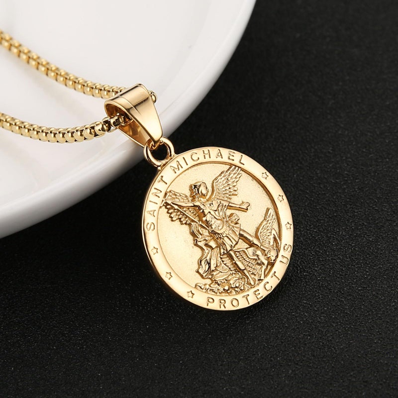 AsAlways St Michael Pendant for Men Stainless Steel Gold Saint Michael The Archangel Necklace Protection Jewelry Gift - Image 5