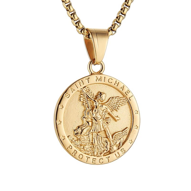 AsAlways St Michael Pendant for Men Stainless Steel Gold Saint Michael The Archangel Necklace Protection Jewelry Gift - Image 1