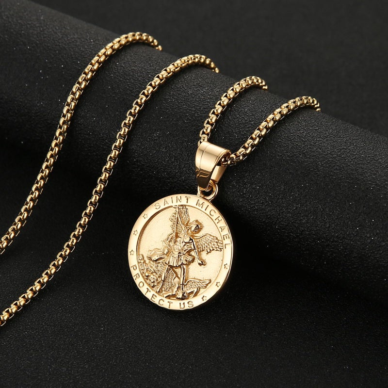 AsAlways St Michael Pendant for Men Stainless Steel Gold Saint Michael The Archangel Necklace Protection Jewelry Gift - Image 4
