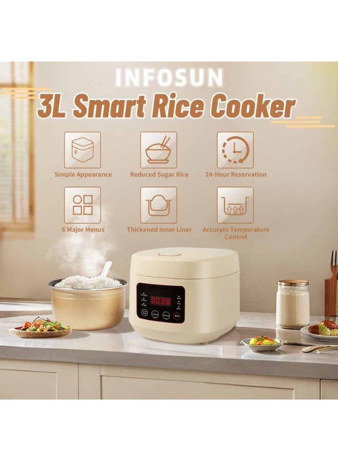 INFOSUN Rice Cooker, 3L Home Intelligence Multi Functional Steaming and Cooking Integration Rice Cooker, 24h Dealy Start, Suitable for 3-5 People, Steamer Tray, Measuring Cups&Spoon (White) - Image 3
