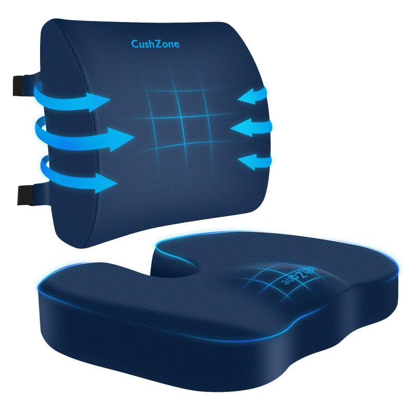 CushZone Seat Cushion, Lumbar Support Pillow with Adjustable Strap-Chair Cushions for Sciatica Pain Relief-with Washable Cover Memory Foam for Car, Travel and Wheelchair-Blue - Image 1