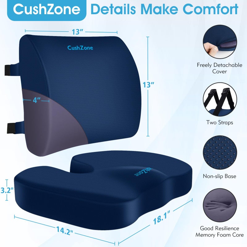 CushZone Seat Cushion, Lumbar Support Pillow with Adjustable Strap-Chair Cushions for Sciatica Pain Relief-with Washable Cover Memory Foam for Car, Travel and Wheelchair-Blue - Image 3