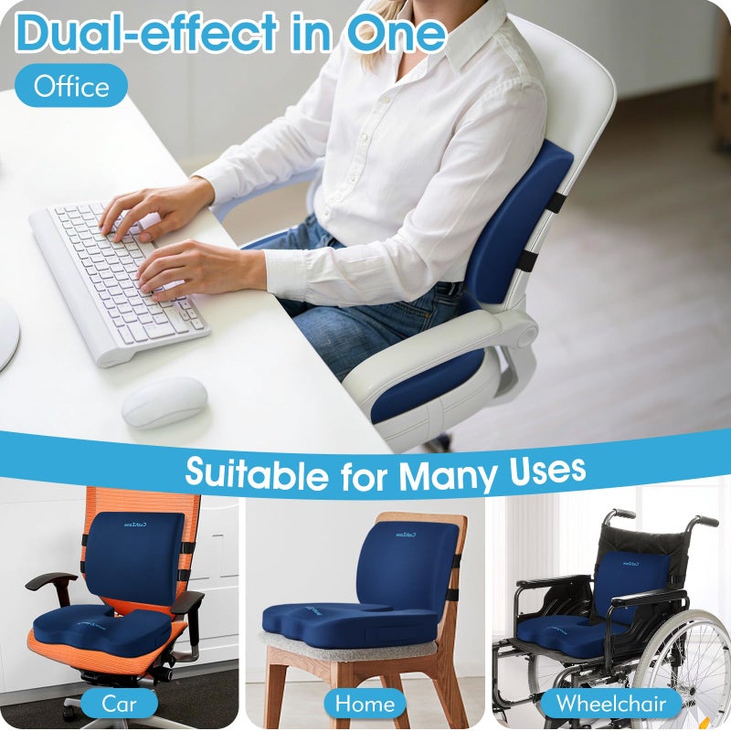 CushZone Seat Cushion, Lumbar Support Pillow with Adjustable Strap-Chair Cushions for Sciatica Pain Relief-with Washable Cover Memory Foam for Car, Travel and Wheelchair-Blue - Image 5