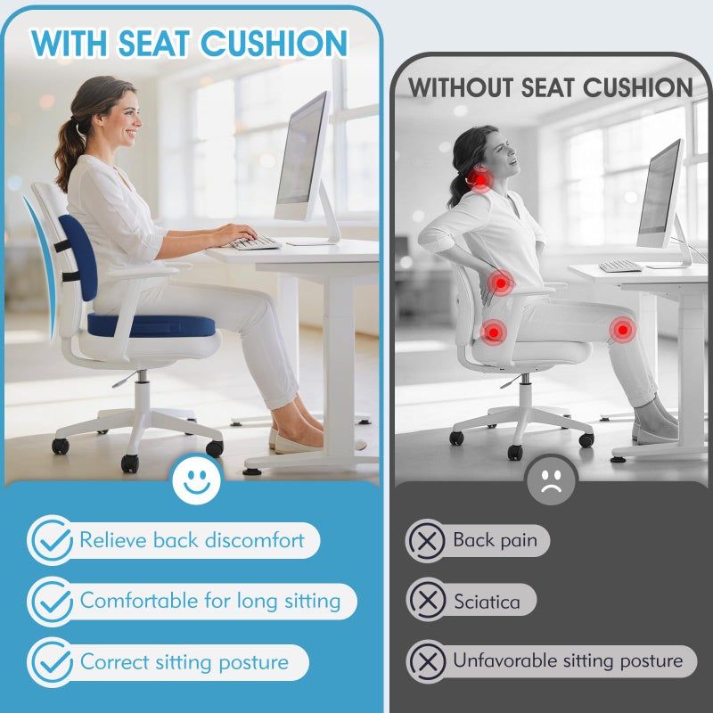 CushZone Seat Cushion, Lumbar Support Pillow with Adjustable Strap-Chair Cushions for Sciatica Pain Relief-with Washable Cover Memory Foam for Car, Travel and Wheelchair-Blue - Image 4