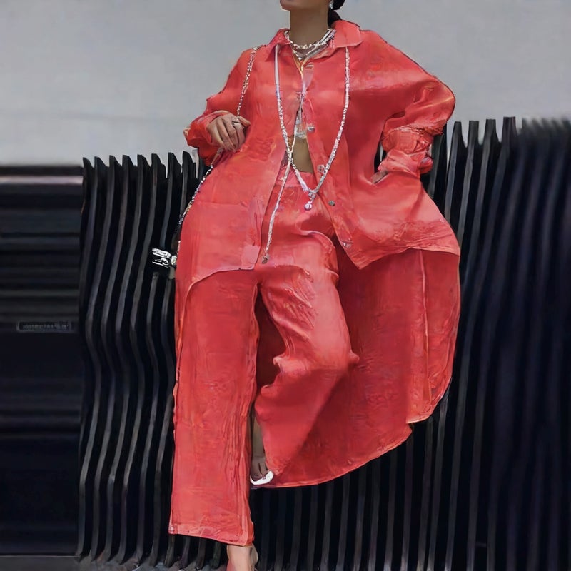 Women's Long Sleeve Top and Pants Set Asymmetric Hem Casual Summer Outfit - Image 2