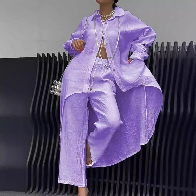 Women's Long Sleeve Top and Pants Set Asymmetric Hem Casual Summer Outfit - Image 3