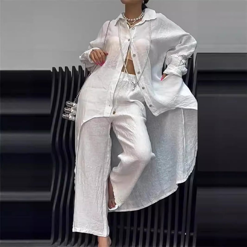 Women's Long Sleeve Top and Pants Set Asymmetric Hem Casual Summer Outfit - Image 1