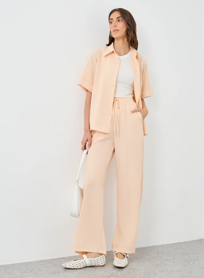 تايك تو Take Two Solid Collared Shirt and Wide Leg Pants Co-Ords