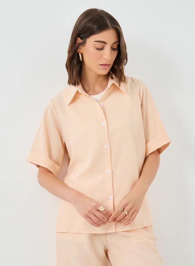 Take Two Take Two Solid Collared Shirt and Wide Leg Pants Co-Ords