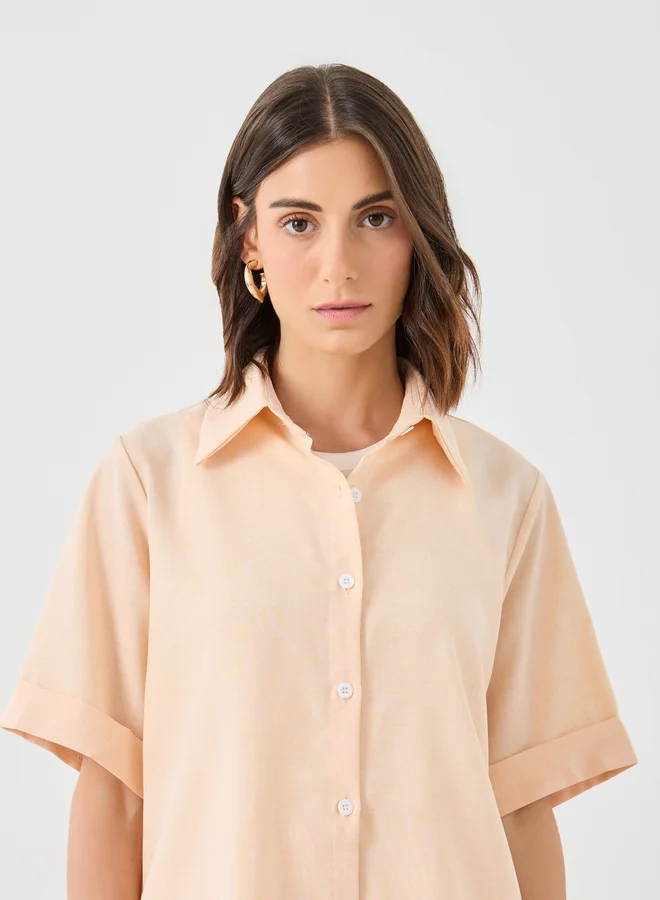 Take Two Take Two Solid Collared Shirt and Wide Leg Pants Co-Ords