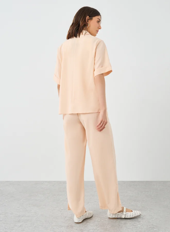 Take Two Take Two Solid Collared Shirt and Wide Leg Pants Co-Ords