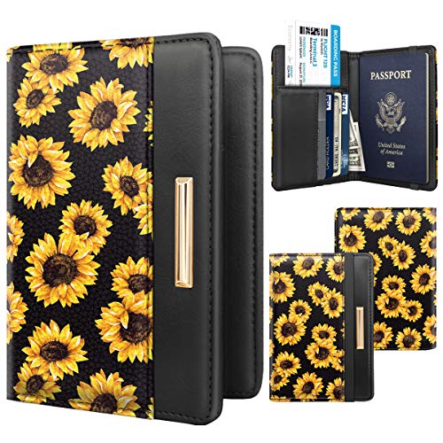 Coco Rossi Women's Black Floral Sunflower Passport Wallet Cover with RFID Blocking, 7 Compartments, 4 Card Slots, Magnetic Closure - Image 2