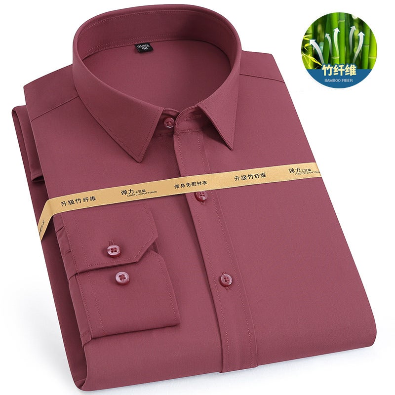 Bamboo Fiber Non-ironing Shirt Mens Long-sleeved Elastic Anti-wrinkle Professional Work Clothes Solid Color Slim-fit Business Shirt rubber red 