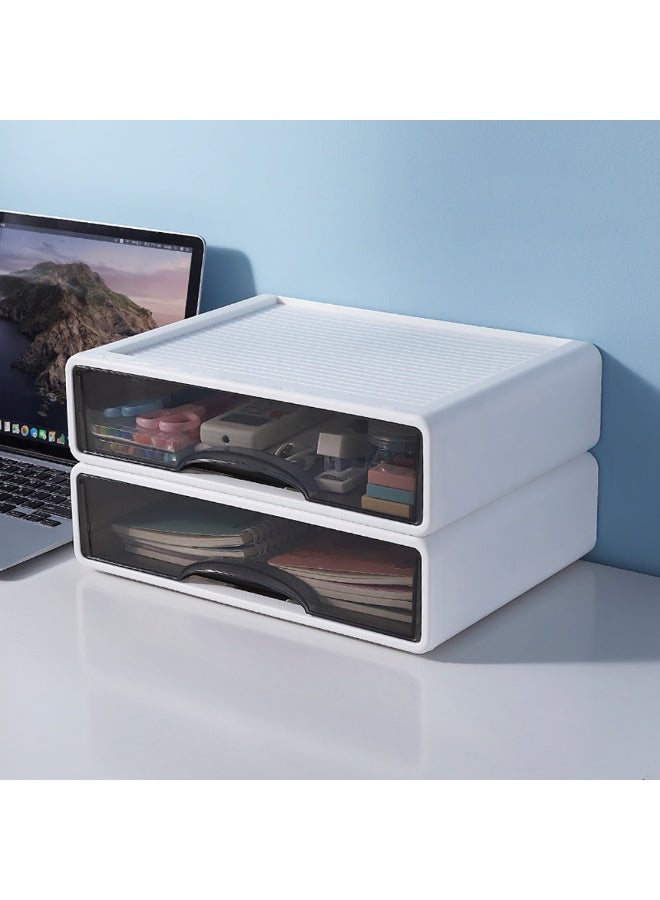 Stackable Drawer Organizer, 2 Pack Plastic Drawer Storage Box for Stationary, Makeup, Skincare Organiser Desk Organizer for Home, Bathroom, Office (White, L) - Image 1