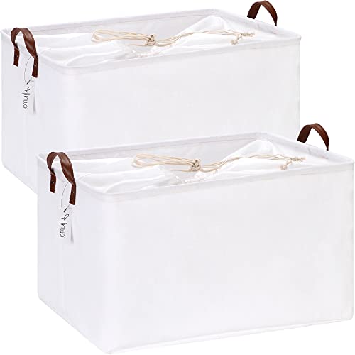Hinwo 2-Pack Extra Large Canvas Fabric Storage Baskets with Handles, 70L Oversized Storage Bins, Collapsible Storage Box, Clothes, Toys, Blankets Organizers, 22 x 15 x 13 inches, (White) - Image 1