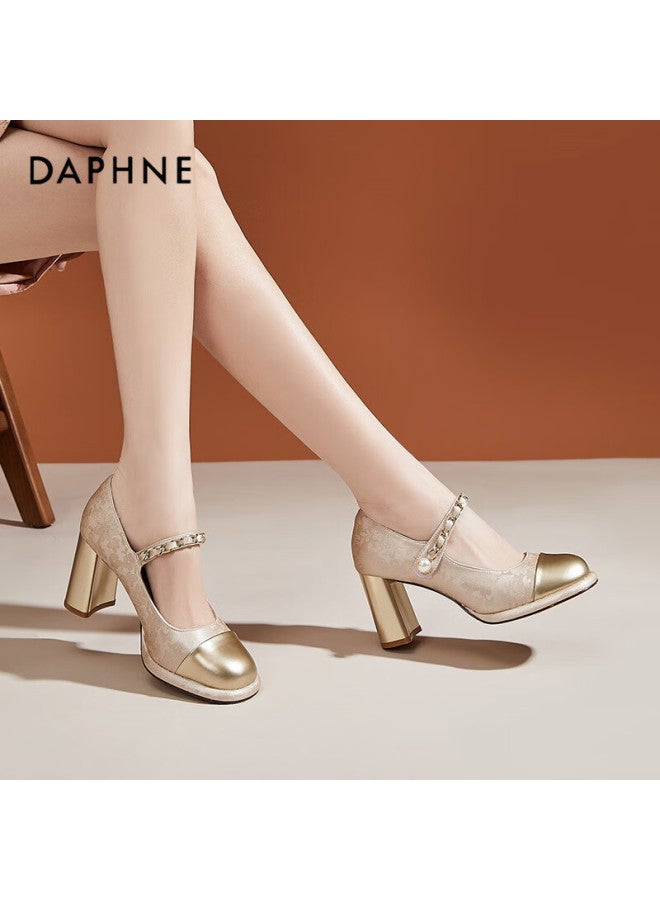 Daphne Mary Jane Shoes For Women, French-style Chunky High Heels, Elegant For Dates, Parties, Commuting, Women's Pumps, Champagne Color, Size 36 - Image 1