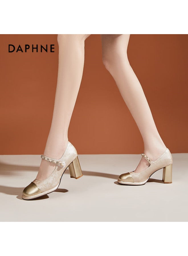 Daphne Mary Jane Shoes For Women, French-style Chunky High Heels, Elegant For Dates, Parties, Commuting, Women's Pumps, Champagne Color, Size 36 - Image 3