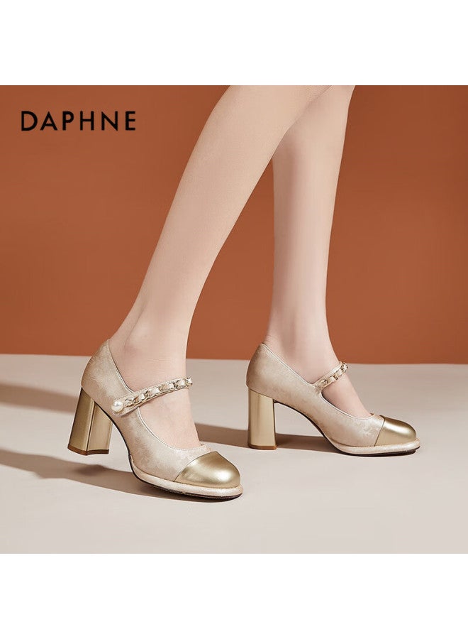 Daphne Mary Jane Shoes For Women, French-style Chunky High Heels, Elegant For Dates, Parties, Commuting, Women's Pumps, Champagne Color, Size 36 - Image 4