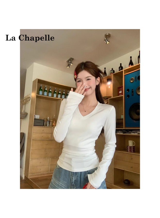 La Chapelle V-neck Shoulder-fitted Long Sleeve T-shirt For Women  Spring Autumn New Slim Fit Base Layer Top Outerwear Light Gray L - Image 2