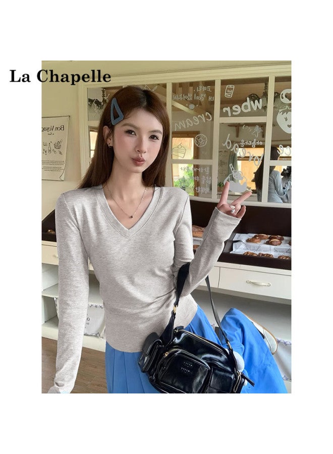 La Chapelle V-neck Shoulder-fitted Long Sleeve T-shirt For Women  Spring Autumn New Slim Fit Base Layer Top Outerwear Light Gray L - Image 1