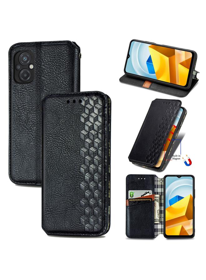 The Bros Case For Xiaomi Poco M5 Cubic Grid Pressed Magnetic Leather Phone Case