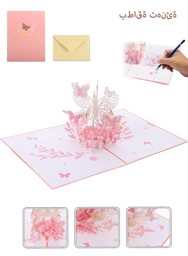 Greeting Card, 3D Pop Up, Romantic Theme Cards, Anniversary Cards for Wife Girlfriend Mother, Birthday Cards, Pink Butterfly - Image 1