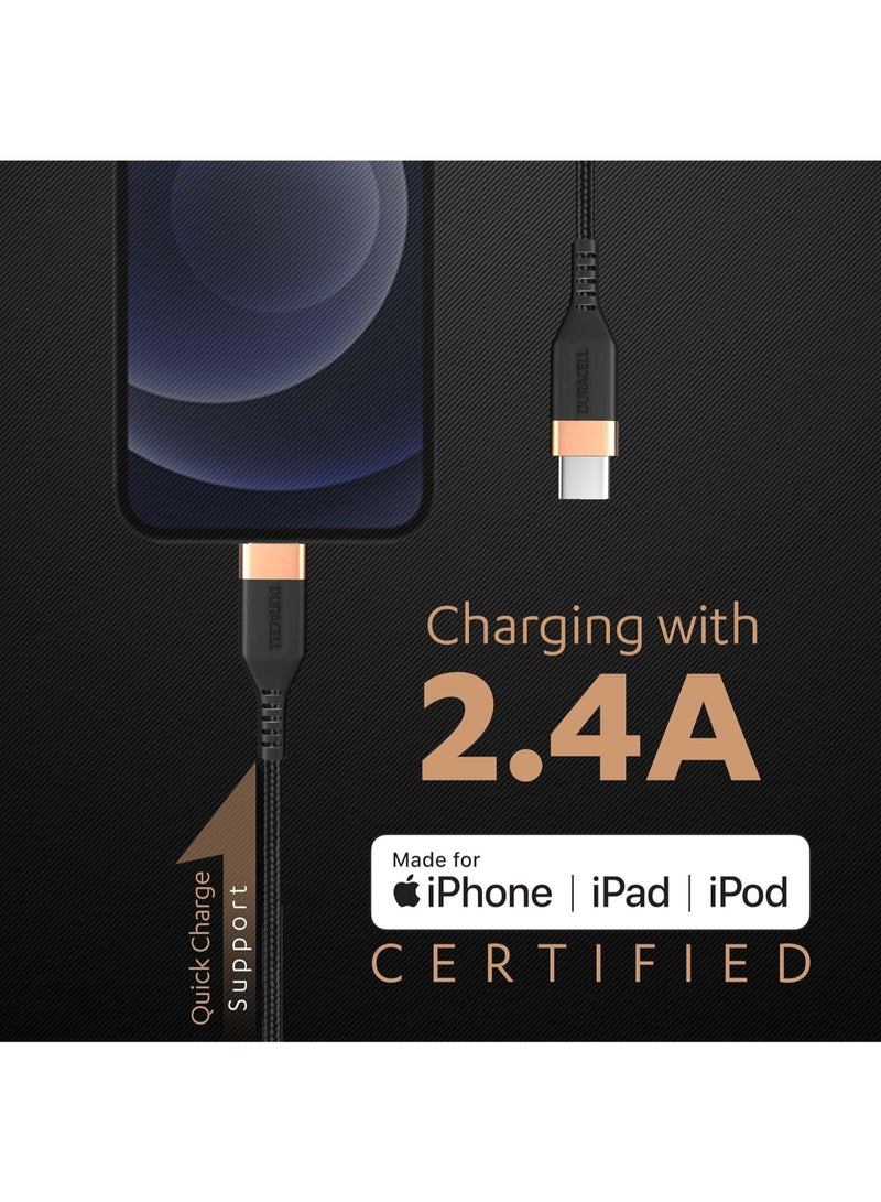 Duracell Renewed - Duracell USB Type C to Lightning Braided Sync & Charge Cable - 1.2M (3.9 Feet) - Black - Image 2
