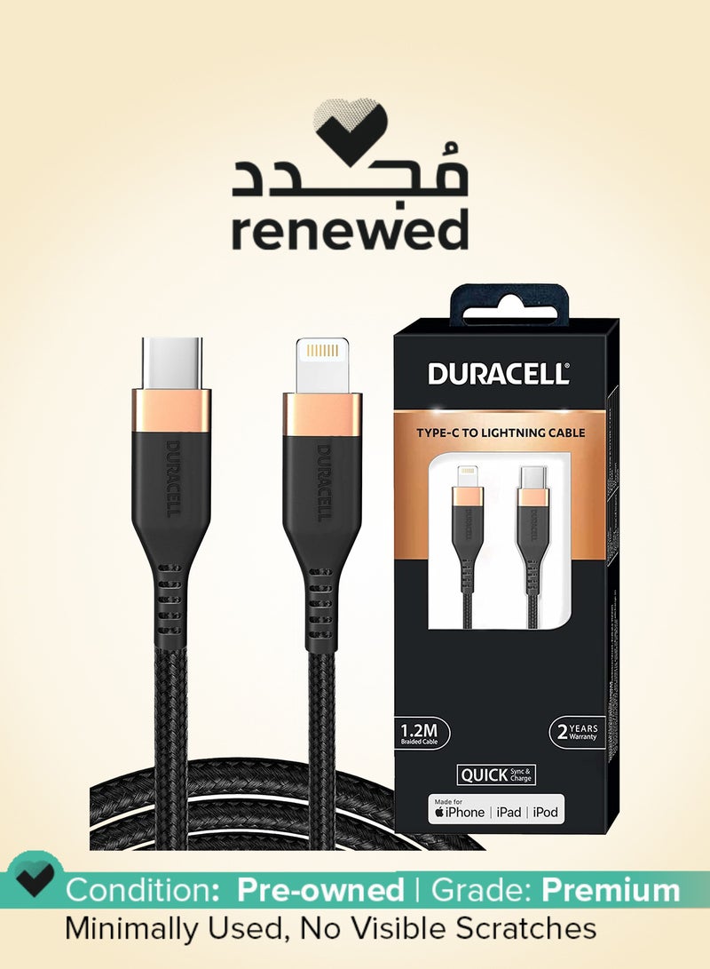 Duracell Renewed - Duracell USB Type C to Lightning Braided Sync & Charge Cable - 1.2M (3.9 Feet) - Black - Image 1