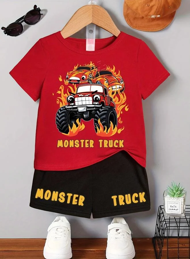 تايك تو Take Two Boys Red Monster Truck Graphic T-Shirt and Shorts Set