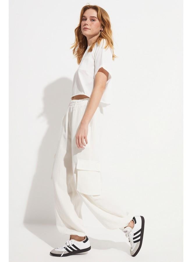 جون بنطلون نسائي قطن % بخصر مطاطي من يونيو - لون إكرو - Image 1