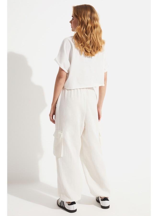 جون بنطلون نسائي قطن % بخصر مطاطي من يونيو - لون إكرو - Image 4