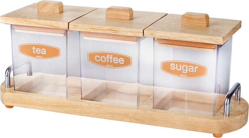 BILLI General compatible design COFFEE, TEA & SUGAR CANISTER SET WITH WOODEN LID & STAND Global flexible sizing options - Image 1