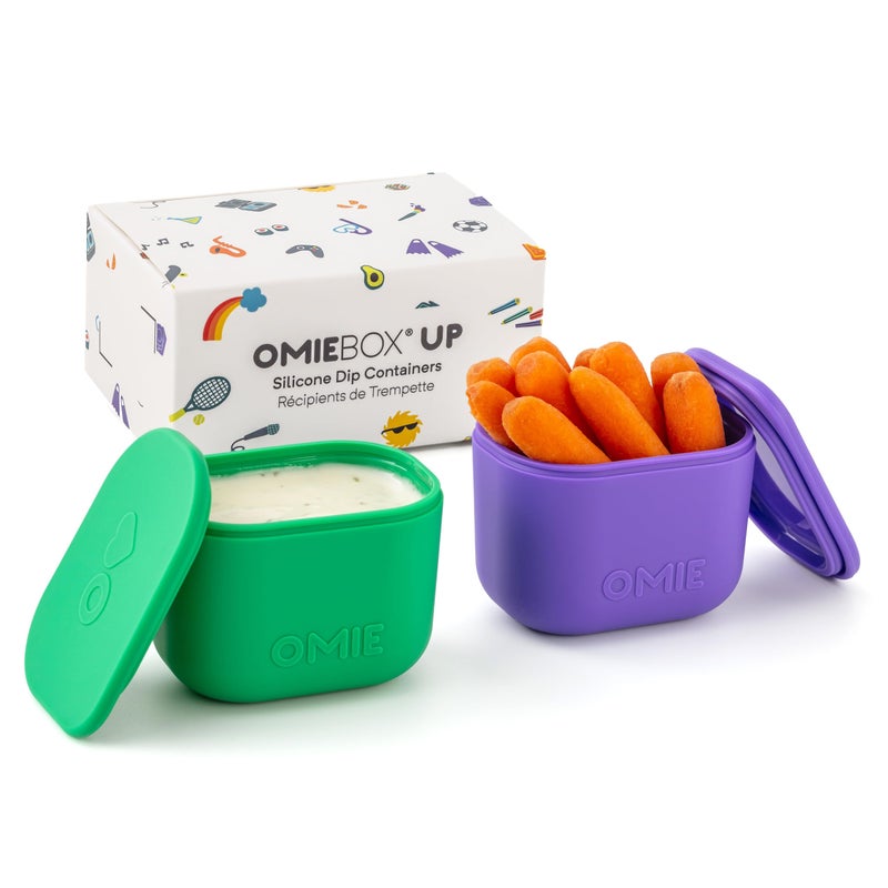 حاويات صلصات OmieBox UP 2 عبوة مانعة للتسرب للسفر حاوية تتبيل حاوية مع أغطية آمنة للطعام سيليكون 45 أونصة بنفسجي وأخضر
