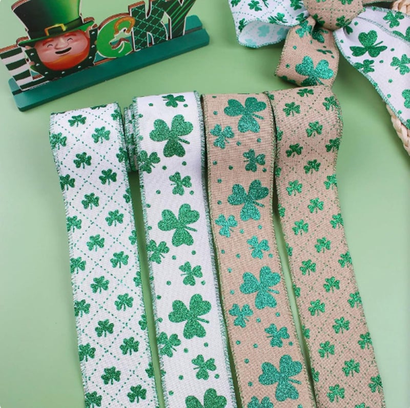ordinarYone Shamrocks Print Linen Ribbon For Patricks Day Decorations Craft Supplies And Wrapping - Image 1
