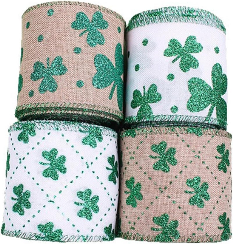 ordinarYone Shamrocks Print Linen Ribbon For Patricks Day Decorations Craft Supplies And Wrapping - Image 2