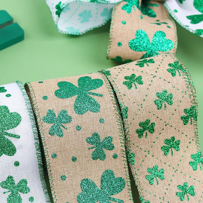 ordinarYone Shamrocks Print Linen Ribbon For Patricks Day Decorations Craft Supplies And Wrapping - Image 3