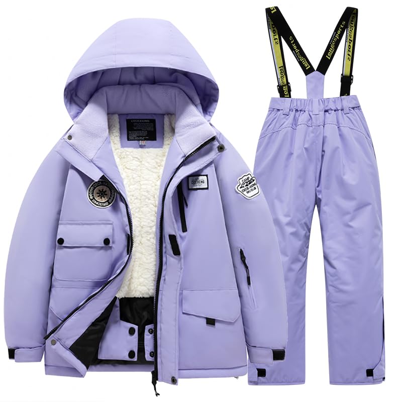 HOTIAN Boys Winter Kids 2 Piece Ski Suit Thicken Warm Hooded Jacket and Ski Pants Snowsuit Snowboarding Clothespurplepurple12 - Image 1