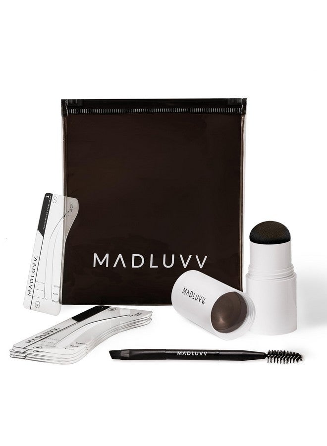 مادلوف مجموعة استنسل الحواجب من MADLUVV - سهلة الاستخدام، ذات مظهر طبيعي، 9 أشكال شائعة، يستخدمها المحترفون - تتضمن ختمًا واستنسلًا وفرشاة وحقيبة سفر (بني غامق) - Image 1