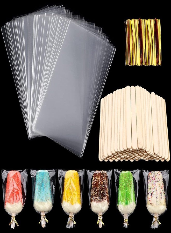 Tenare 100 Pieces DIY Ice Cream Bags Disposable Clear Ice Pop Plastic Bags and 100 Pieces Wooden Sticks and 100 Gold Metallic Twist Ties for DIY Making Supply - Image 1