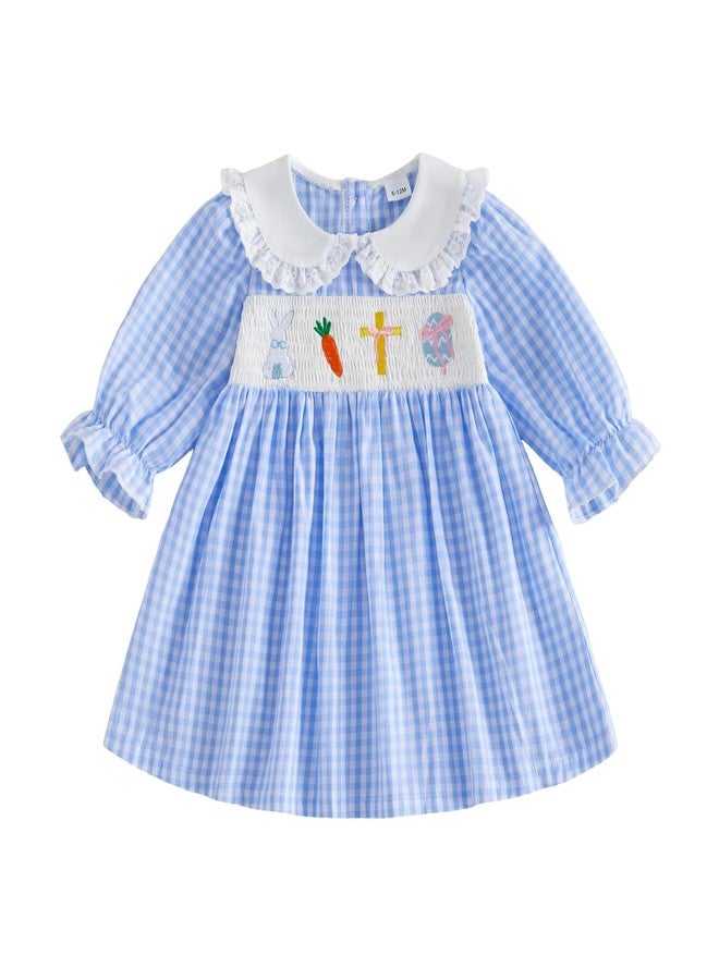 Muspeczenith Toddler Baby Girl Easter Outfit Bunny Embroidery Long Sleeve Smocked Plaid Dress Spring Clothes (Blue, 18-24 Months) - Image 1