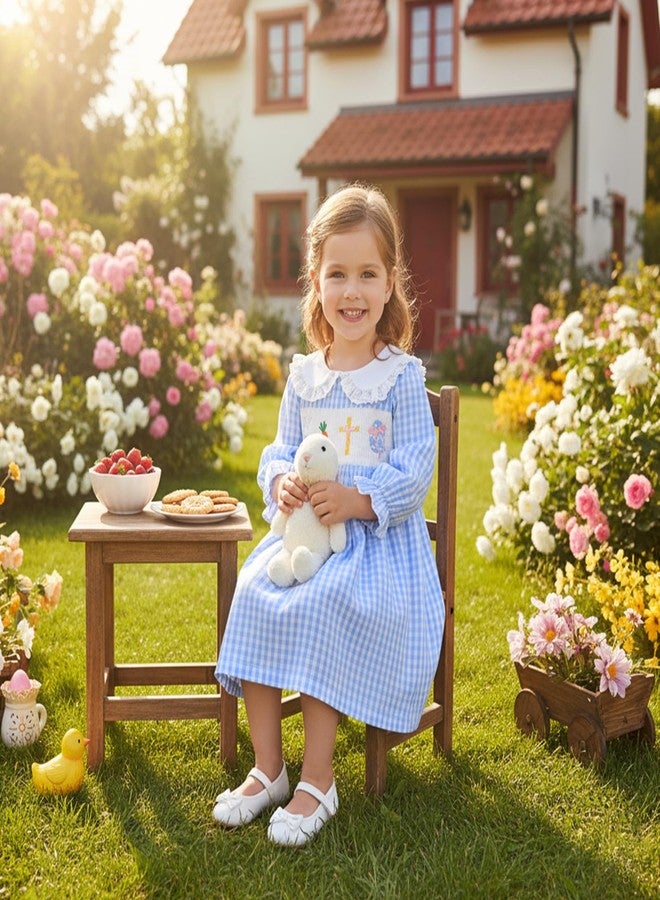 Muspeczenith Toddler Baby Girl Easter Outfit Bunny Embroidery Long Sleeve Smocked Plaid Dress Spring Clothes (Blue, 18-24 Months) - Image 2