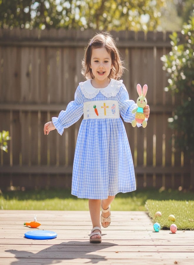 Muspeczenith Toddler Baby Girl Easter Outfit Bunny Embroidery Long Sleeve Smocked Plaid Dress Spring Clothes (Blue, 18-24 Months) - Image 5