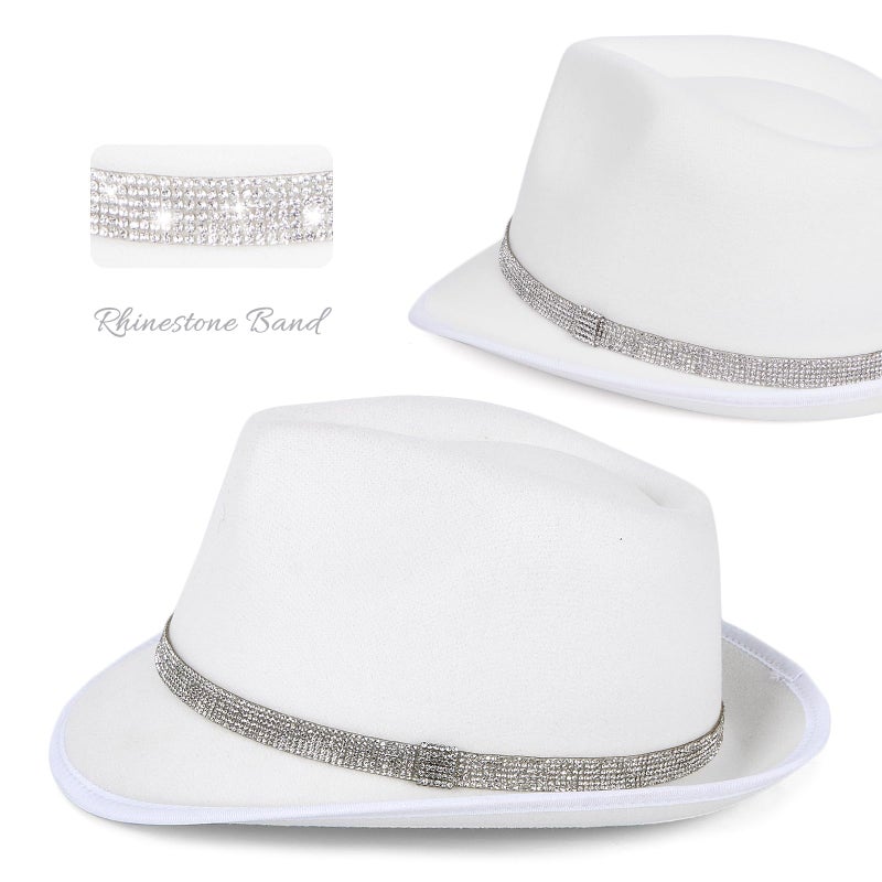 FADACHY Fedora Hats for Women & Men Trendy Short Brim Felt Hat with Rhinestone Belt Trilby Panama Dress Hat, White Fedora - Image 5
