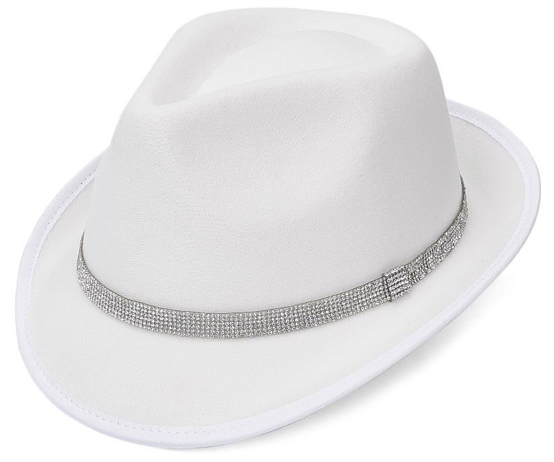 FADACHY Fedora Hats for Women & Men Trendy Short Brim Felt Hat with Rhinestone Belt Trilby Panama Dress Hat, White Fedora - Image 1