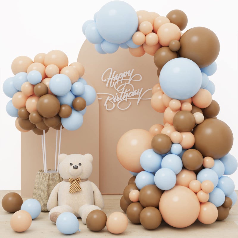RUBFAC 156pcs Dusty Blue and Brown Balloon Garland Arch Kit, Bear Baby Shower Decoration with Boho Brown Skin Color Blue Balloons for Gender Reveal and Birthday Party Decoration - Image 1