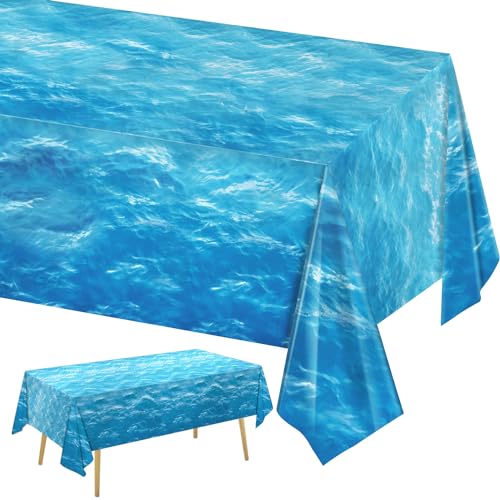Oigco 3 Pieces Ocean Waves Tablecloth 54 x 108 Inch Water Print Plastic Table Cover Ocean Party Table Cloths for Beach Pool Birthday Under The Sea Party Decorations Supplies - Image 1