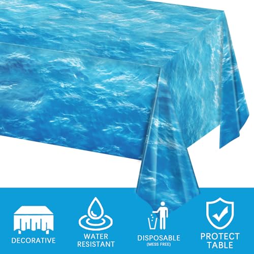 Oigco 3 Pieces Ocean Waves Tablecloth 54 x 108 Inch Water Print Plastic Table Cover Ocean Party Table Cloths for Beach Pool Birthday Under The Sea Party Decorations Supplies - Image 3